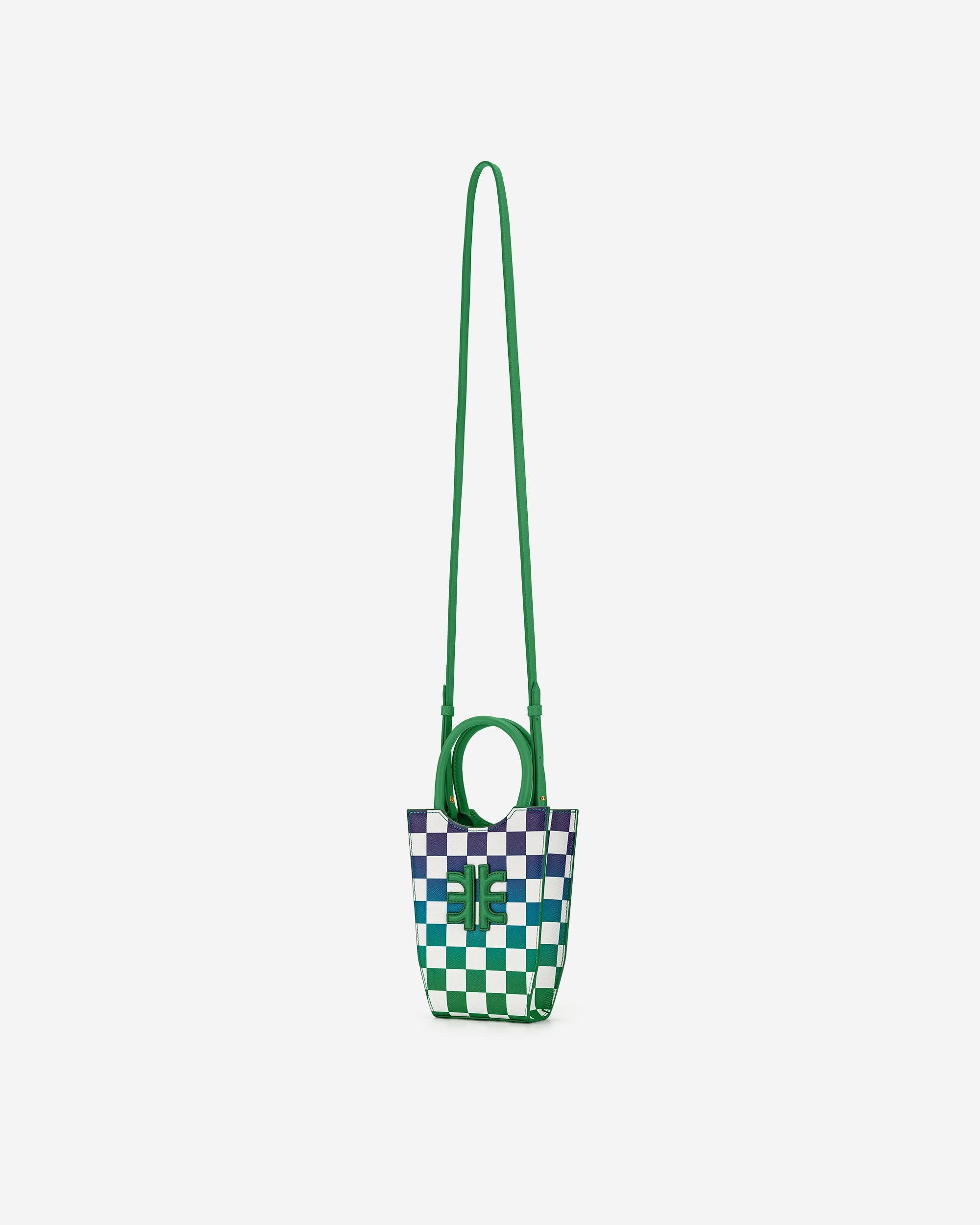 FEI Mini Bolso Tote Damero Degradado - Verde Hierba y Azul Oscuro